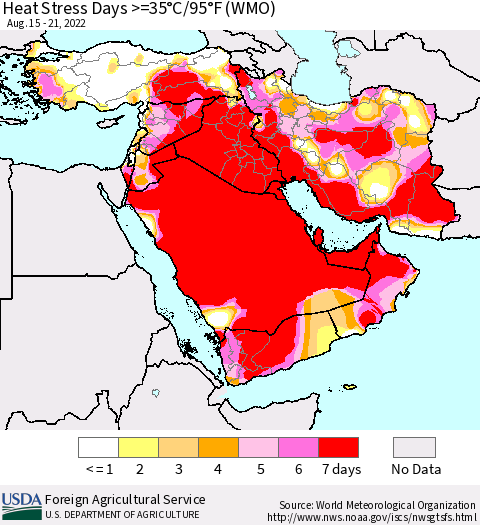 Middle East and Turkey Heat Stress Days >=35°C/95°F (WMO) Thematic Map For 8/15/2022 - 8/21/2022