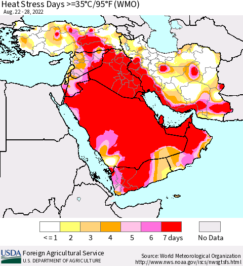 Middle East and Turkey Heat Stress Days >=35°C/95°F (WMO) Thematic Map For 8/22/2022 - 8/28/2022