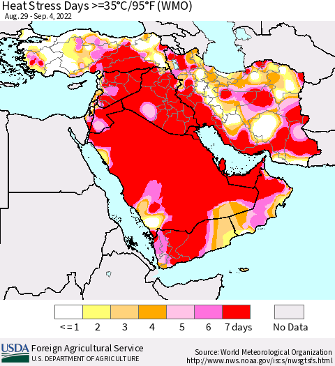 Middle East and Turkey Heat Stress Days >=35°C/95°F (WMO) Thematic Map For 8/29/2022 - 9/4/2022
