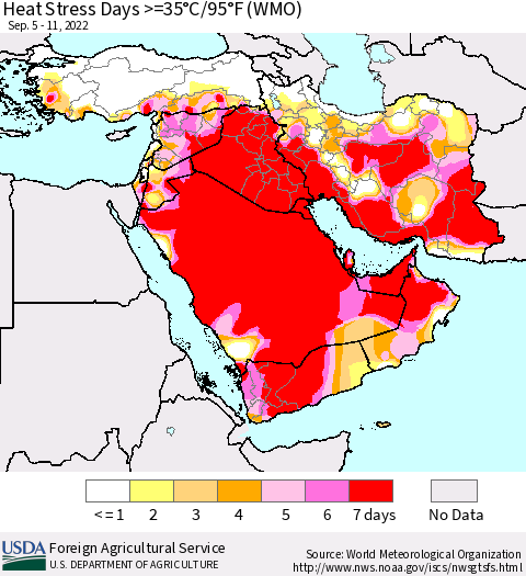 Middle East and Turkey Heat Stress Days >=35°C/95°F (WMO) Thematic Map For 9/5/2022 - 9/11/2022