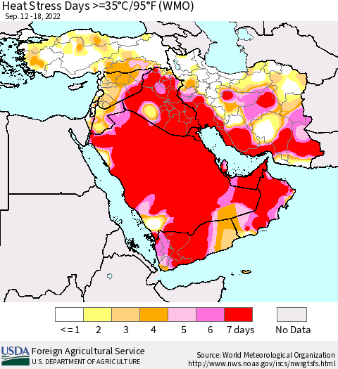 Middle East and Turkey Heat Stress Days >=35°C/95°F (WMO) Thematic Map For 9/12/2022 - 9/18/2022