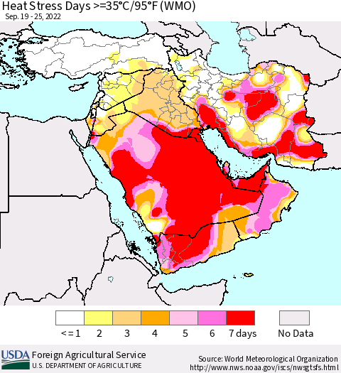 Middle East and Turkey Heat Stress Days >=35°C/95°F (WMO) Thematic Map For 9/19/2022 - 9/25/2022