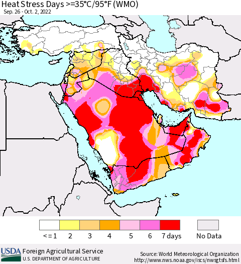 Middle East and Turkey Heat Stress Days >=35°C/95°F (WMO) Thematic Map For 9/26/2022 - 10/2/2022