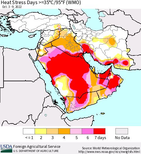 Middle East and Turkey Heat Stress Days >=35°C/95°F (WMO) Thematic Map For 10/3/2022 - 10/9/2022
