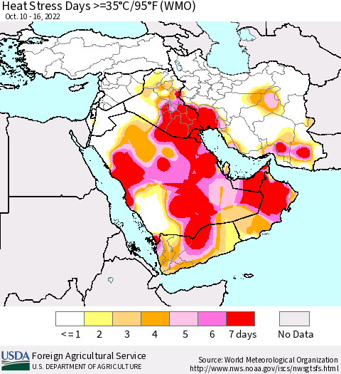 Middle East and Turkey Heat Stress Days >=35°C/95°F (WMO) Thematic Map For 10/10/2022 - 10/16/2022