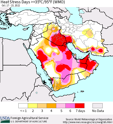 Middle East and Turkey Heat Stress Days >=35°C/95°F (WMO) Thematic Map For 10/17/2022 - 10/23/2022