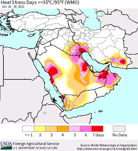 Middle East and Turkey Heat Stress Days >=35°C/95°F (WMO) Thematic Map For 10/24/2022 - 10/30/2022
