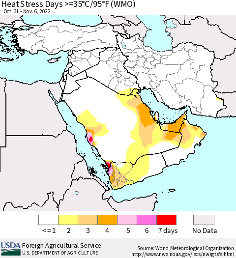 Middle East and Turkey Heat Stress Days >=35°C/95°F (WMO) Thematic Map For 10/31/2022 - 11/6/2022