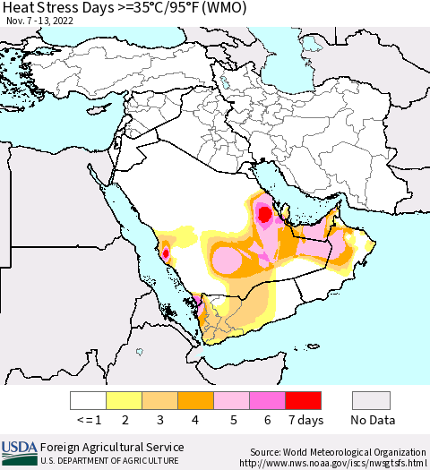 Middle East and Turkey Heat Stress Days >=35°C/95°F (WMO) Thematic Map For 11/7/2022 - 11/13/2022