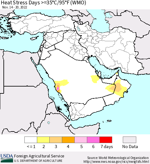 Middle East and Turkey Heat Stress Days >=35°C/95°F (WMO) Thematic Map For 11/14/2022 - 11/20/2022