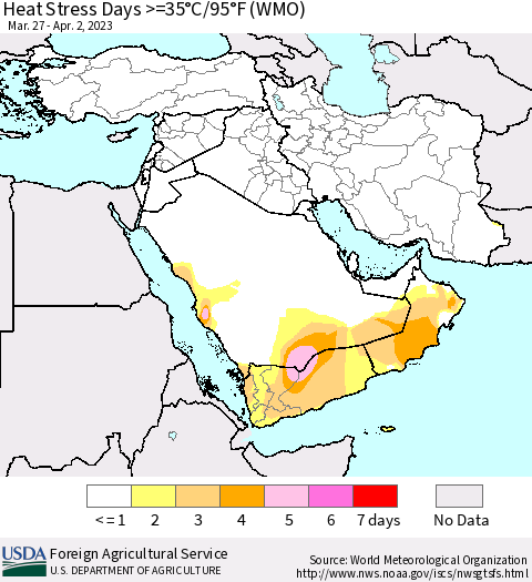 Middle East and Turkey Heat Stress Days >=35°C/95°F (WMO) Thematic Map For 3/27/2023 - 4/2/2023