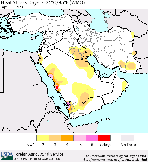 Middle East and Turkey Heat Stress Days >=35°C/95°F (WMO) Thematic Map For 4/3/2023 - 4/9/2023