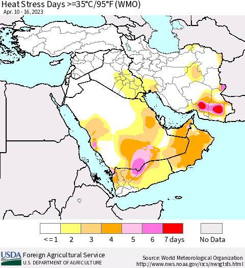 Middle East and Turkey Heat Stress Days >=35°C/95°F (WMO) Thematic Map For 4/10/2023 - 4/16/2023