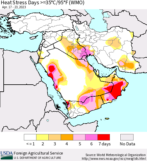 Middle East and Turkey Heat Stress Days >=35°C/95°F (WMO) Thematic Map For 4/17/2023 - 4/23/2023