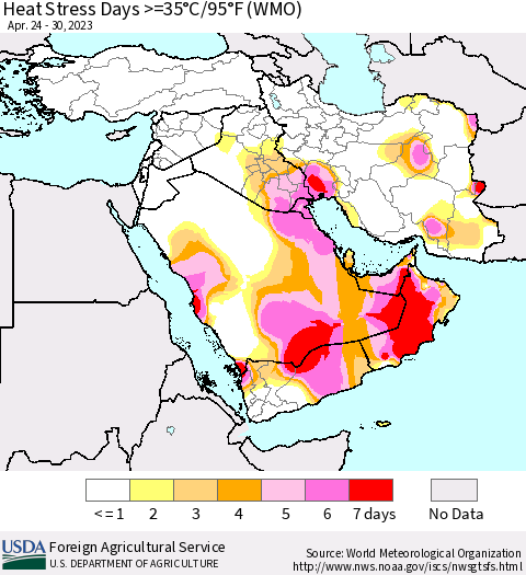 Middle East and Turkey Heat Stress Days >=35°C/95°F (WMO) Thematic Map For 4/24/2023 - 4/30/2023