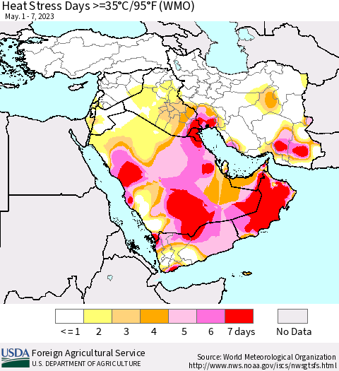 Middle East and Turkey Heat Stress Days >=35°C/95°F (WMO) Thematic Map For 5/1/2023 - 5/7/2023