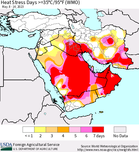 Middle East and Turkey Heat Stress Days >=35°C/95°F (WMO) Thematic Map For 5/8/2023 - 5/14/2023
