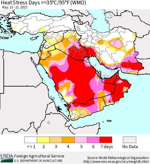 Middle East and Turkey Heat Stress Days >=35°C/95°F (WMO) Thematic Map For 5/15/2023 - 5/21/2023