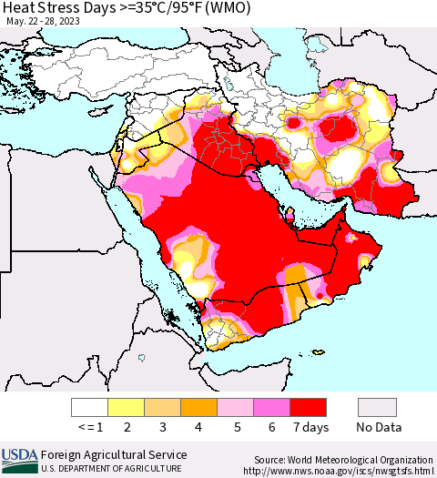 Middle East and Turkey Heat Stress Days >=35°C/95°F (WMO) Thematic Map For 5/22/2023 - 5/28/2023