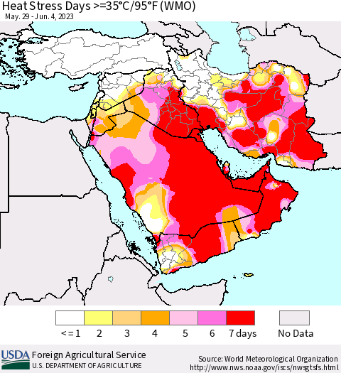 Middle East and Turkey Heat Stress Days >=35°C/95°F (WMO) Thematic Map For 5/29/2023 - 6/4/2023