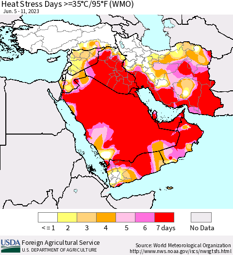 Middle East and Turkey Heat Stress Days >=35°C/95°F (WMO) Thematic Map For 6/5/2023 - 6/11/2023