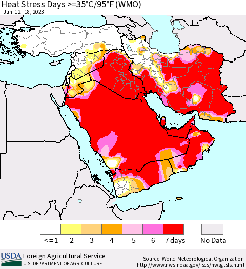 Middle East and Turkey Heat Stress Days >=35°C/95°F (WMO) Thematic Map For 6/12/2023 - 6/18/2023