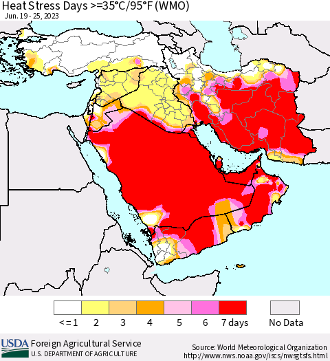 Middle East and Turkey Heat Stress Days >=35°C/95°F (WMO) Thematic Map For 6/19/2023 - 6/25/2023