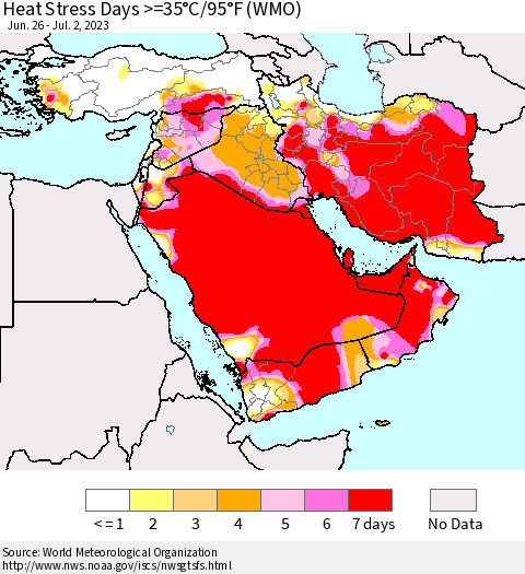 Middle East and Turkey Heat Stress Days >=35°C/95°F (WMO) Thematic Map For 6/26/2023 - 7/2/2023