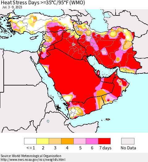 Middle East and Turkey Heat Stress Days >=35°C/95°F (WMO) Thematic Map For 7/3/2023 - 7/9/2023