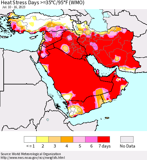 Middle East and Turkey Heat Stress Days >=35°C/95°F (WMO) Thematic Map For 7/10/2023 - 7/16/2023