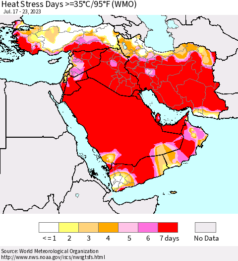 Middle East and Turkey Heat Stress Days >=35°C/95°F (WMO) Thematic Map For 7/17/2023 - 7/23/2023