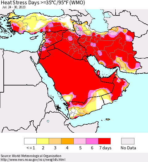 Middle East and Turkey Heat Stress Days >=35°C/95°F (WMO) Thematic Map For 7/24/2023 - 7/30/2023