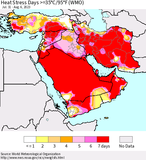Middle East and Turkey Heat Stress Days >=35°C/95°F (WMO) Thematic Map For 7/31/2023 - 8/6/2023