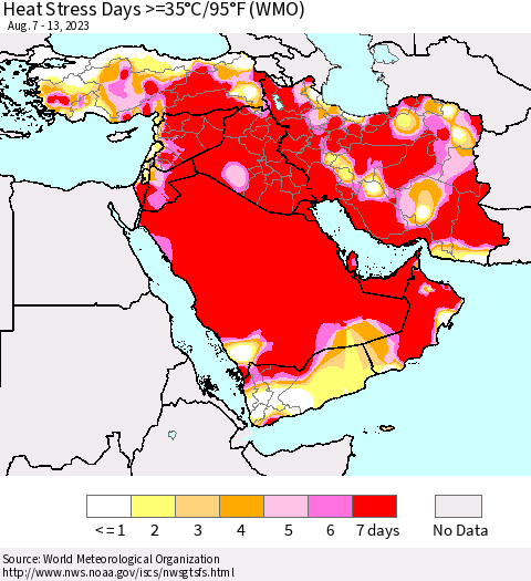 Middle East and Turkey Heat Stress Days >=35°C/95°F (WMO) Thematic Map For 8/7/2023 - 8/13/2023