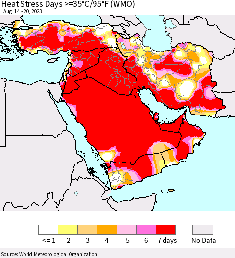 Middle East and Turkey Heat Stress Days >=35°C/95°F (WMO) Thematic Map For 8/14/2023 - 8/20/2023