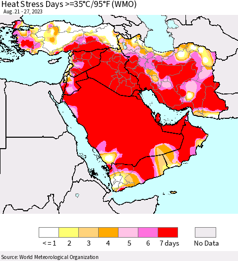 Middle East and Turkey Heat Stress Days >=35°C/95°F (WMO) Thematic Map For 8/21/2023 - 8/27/2023