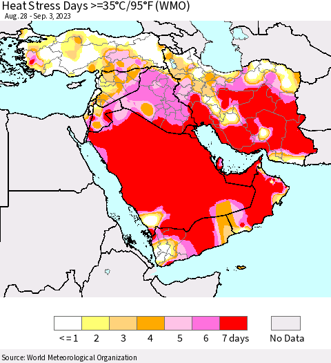 Middle East and Turkey Heat Stress Days >=35°C/95°F (WMO) Thematic Map For 8/28/2023 - 9/3/2023
