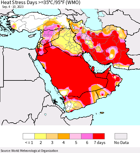 Middle East and Turkey Heat Stress Days >=35°C/95°F (WMO) Thematic Map For 9/4/2023 - 9/10/2023