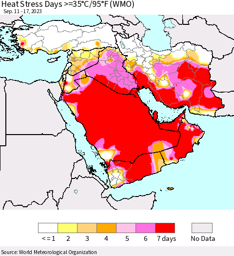 Middle East and Turkey Heat Stress Days >=35°C/95°F (WMO) Thematic Map For 9/11/2023 - 9/17/2023