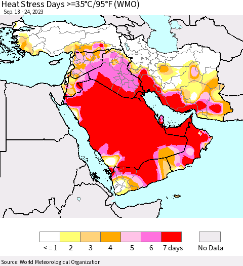 Middle East and Turkey Heat Stress Days >=35°C/95°F (WMO) Thematic Map For 9/18/2023 - 9/24/2023