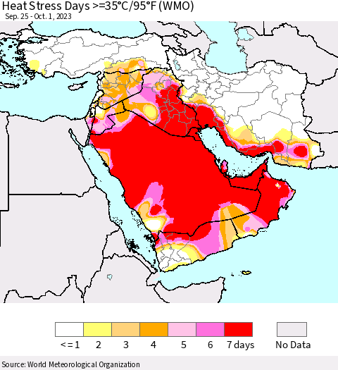 Middle East and Turkey Heat Stress Days >=35°C/95°F (WMO) Thematic Map For 9/25/2023 - 10/1/2023