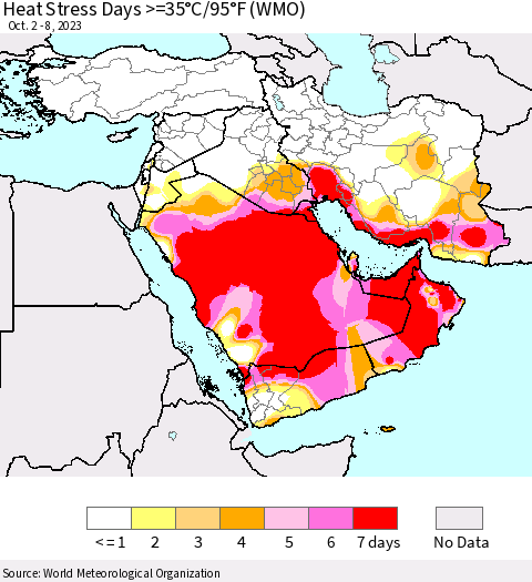Middle East and Turkey Heat Stress Days >=35°C/95°F (WMO) Thematic Map For 10/2/2023 - 10/8/2023