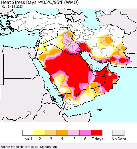 Middle East and Turkey Heat Stress Days >=35°C/95°F (WMO) Thematic Map For 10/9/2023 - 10/15/2023