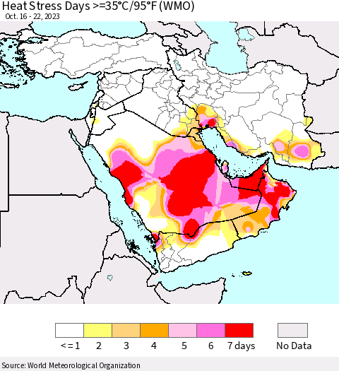 Middle East and Turkey Heat Stress Days >=35°C/95°F (WMO) Thematic Map For 10/16/2023 - 10/22/2023