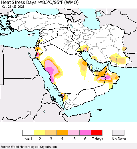 Middle East and Turkey Heat Stress Days >=35°C/95°F (WMO) Thematic Map For 10/23/2023 - 10/29/2023
