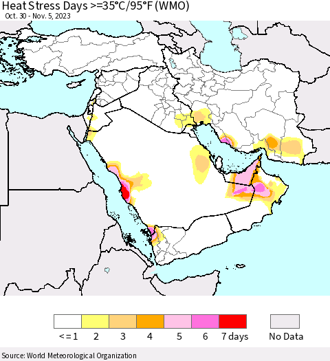 Middle East and Turkey Heat Stress Days >=35°C/95°F (WMO) Thematic Map For 10/30/2023 - 11/5/2023