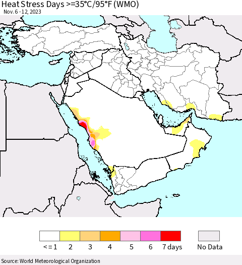 Middle East and Turkey Heat Stress Days >=35°C/95°F (WMO) Thematic Map For 11/6/2023 - 11/12/2023