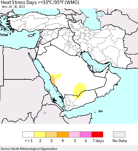 Middle East and Turkey Heat Stress Days >=35°C/95°F (WMO) Thematic Map For 11/20/2023 - 11/26/2023
