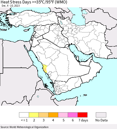 Middle East and Turkey Heat Stress Days >=35°C/95°F (WMO) Thematic Map For 12/4/2023 - 12/10/2023