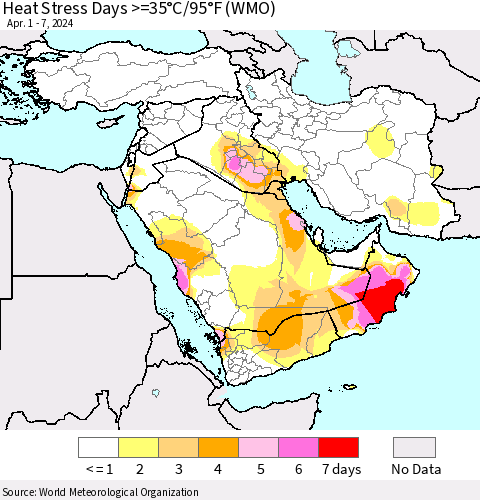Middle East and Turkey Heat Stress Days >=35°C/95°F (WMO) Thematic Map For 4/1/2024 - 4/7/2024